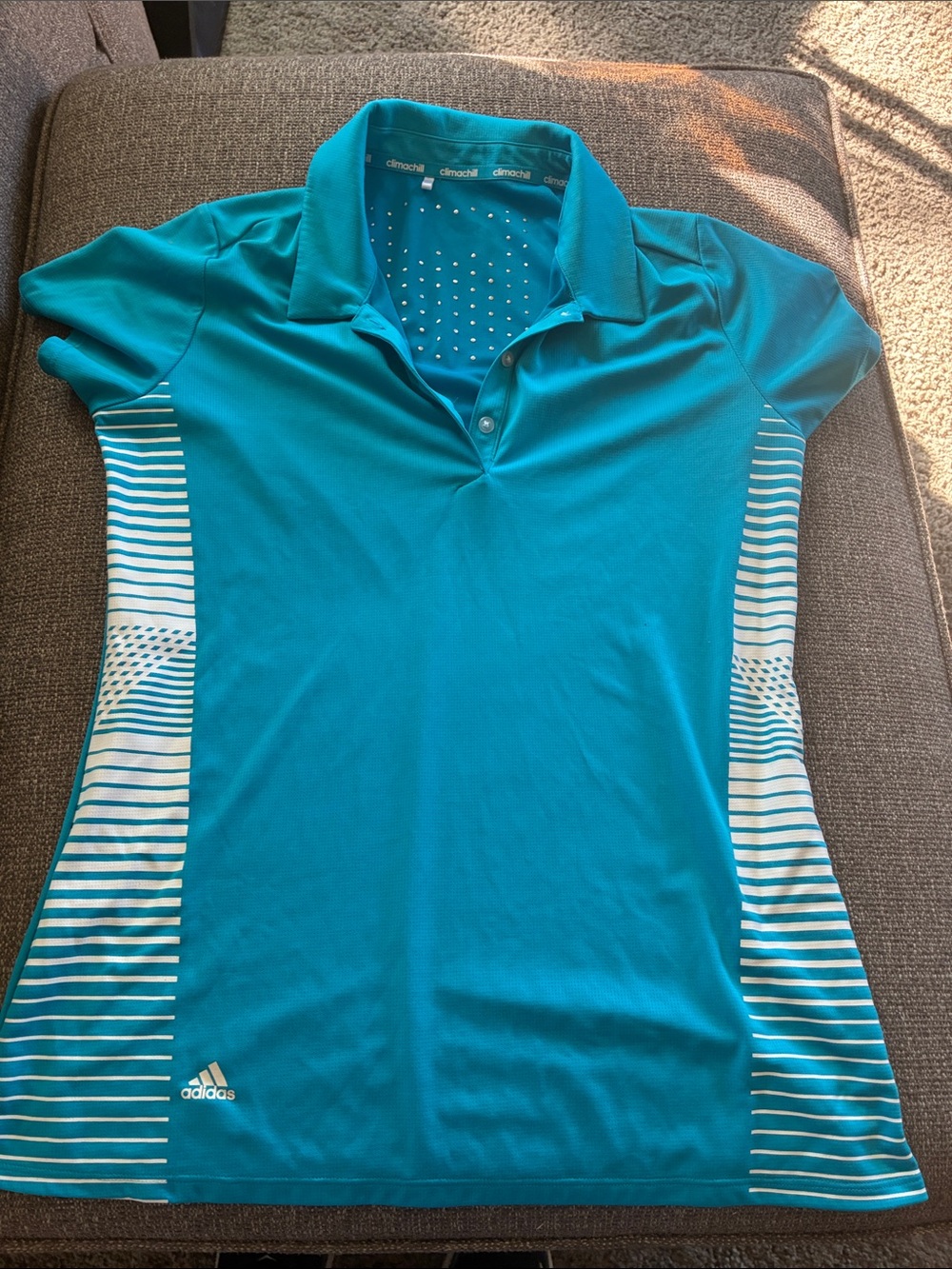 adidas Teal Blue Women's Golf Polo with White Stripe Accents